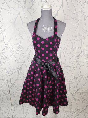 Hearts & Roses Black Pink Polkadot Fit & Flare Halter Dress